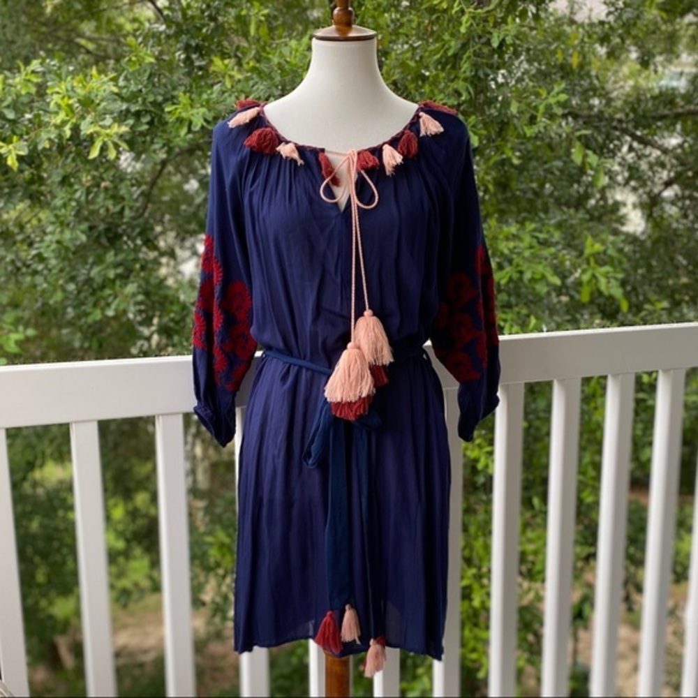 America & Beyond NWT Navy Burgundy America & Beyond Tassel Dress